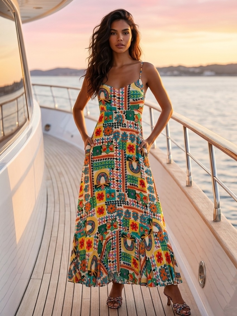 Bohemian Patchwork Maxi Dress with Spaghetti Straps - Multicolor